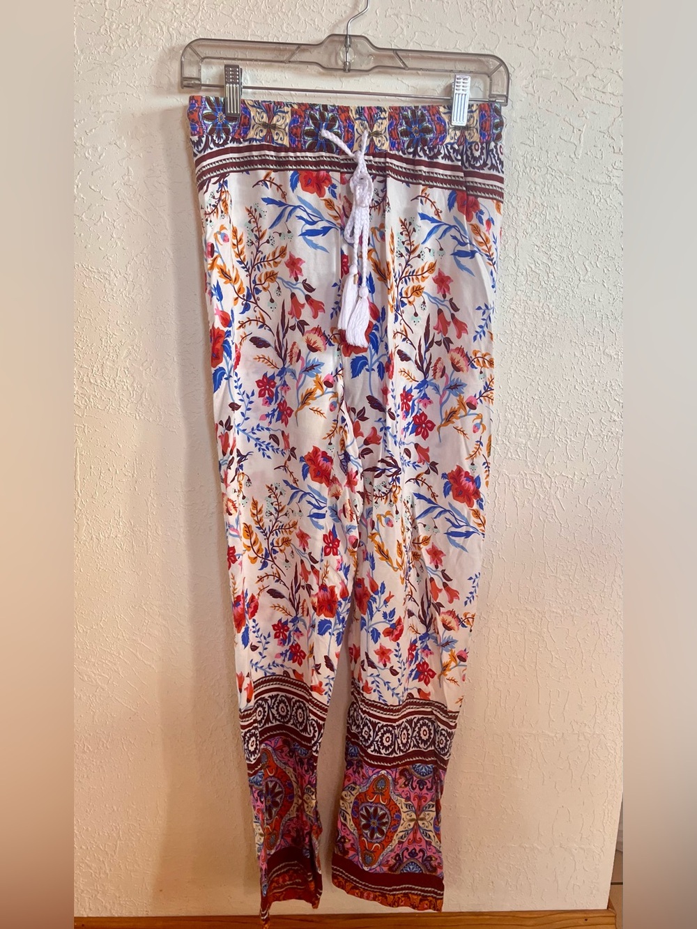 Boho Floral Drawstring Wide-Leg Pants - White Multi